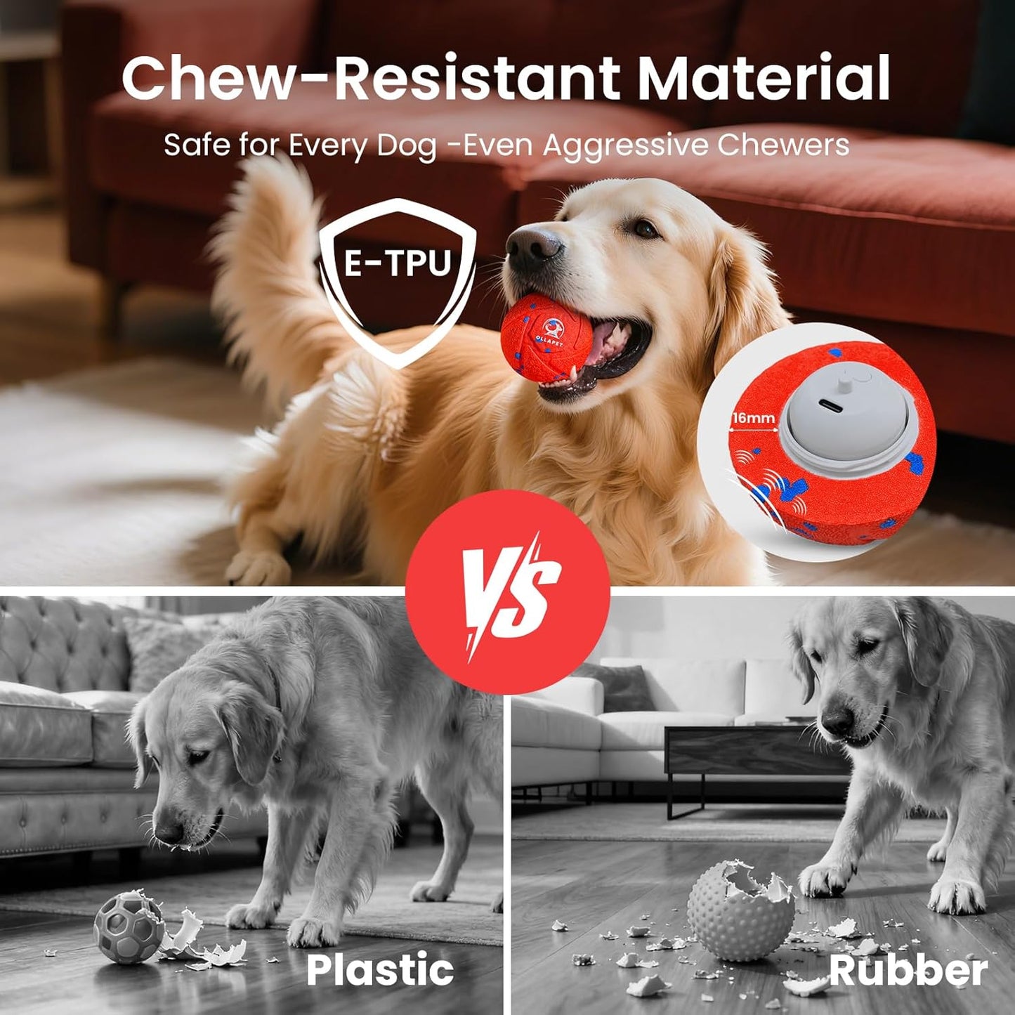 Smart Interactive Dog Ball - Auto Bouncing & Rolling, Chew-Resistant E-TPU Material, 3 Interactive Modes, IPX7 Waterproof, Smart Chase Pet Toy Ball for Medium and Large Dogs (Red)