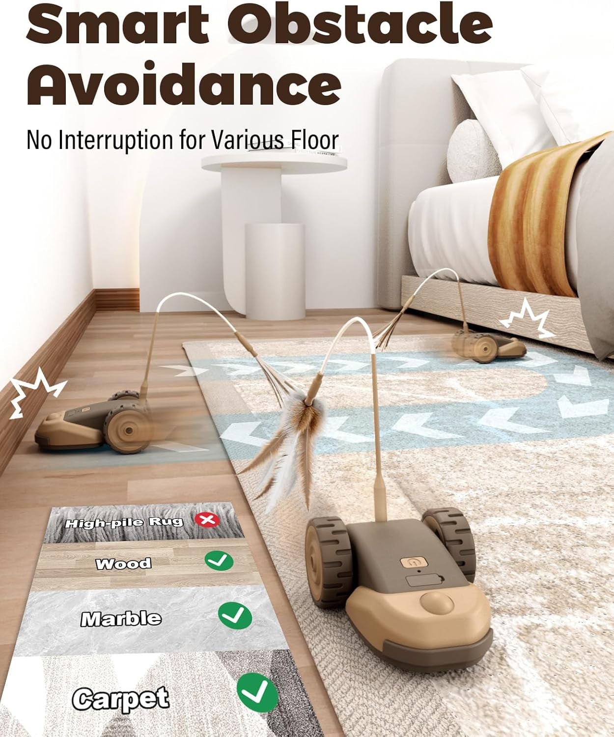 3-In-1 Interactive Cat Toy - 2-Speed Automatic Moving Mouse Cat Toys Self Play with 2Pcs Hanging Feather String Ribbon and Wiggly Silicone Mice Tail for Bored Indoor Adult Cats Kittens