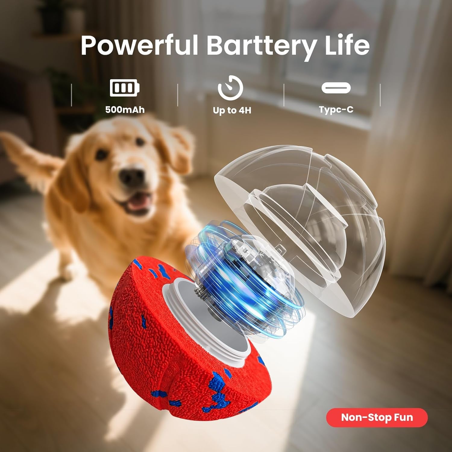 Smart Interactive Dog Ball - Auto Bouncing & Rolling, Chew-Resistant E-TPU Material, 3 Interactive Modes, IPX7 Waterproof, Smart Chase Pet Toy Ball for Medium and Large Dogs (Red)