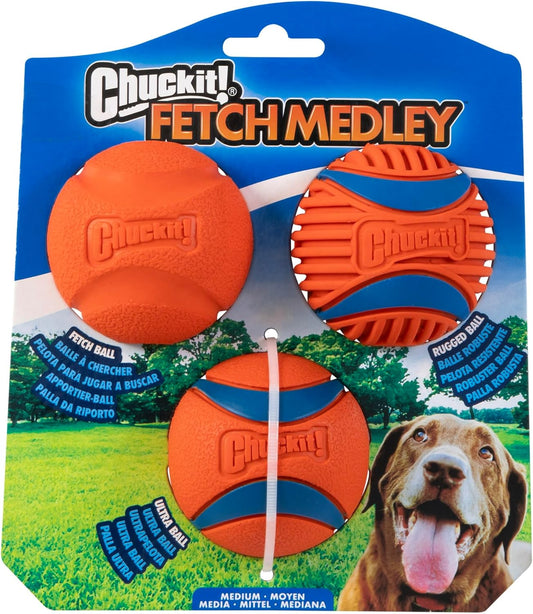 Fetch Ball Medley, Medium, Dog Ball, 3 Pack, Ultra, Fetch and Rugged Balls Included