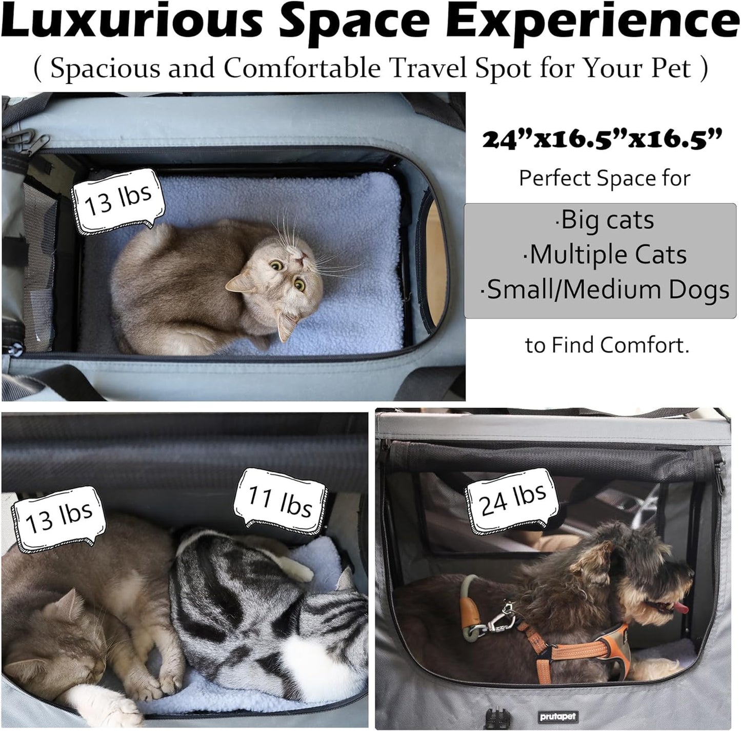 Large Cat Carrier 24"X16.5"X16.5" Soft-Sided Portable Pet Crate for Car Traveling with Collapsible Litter Box and Bowl
